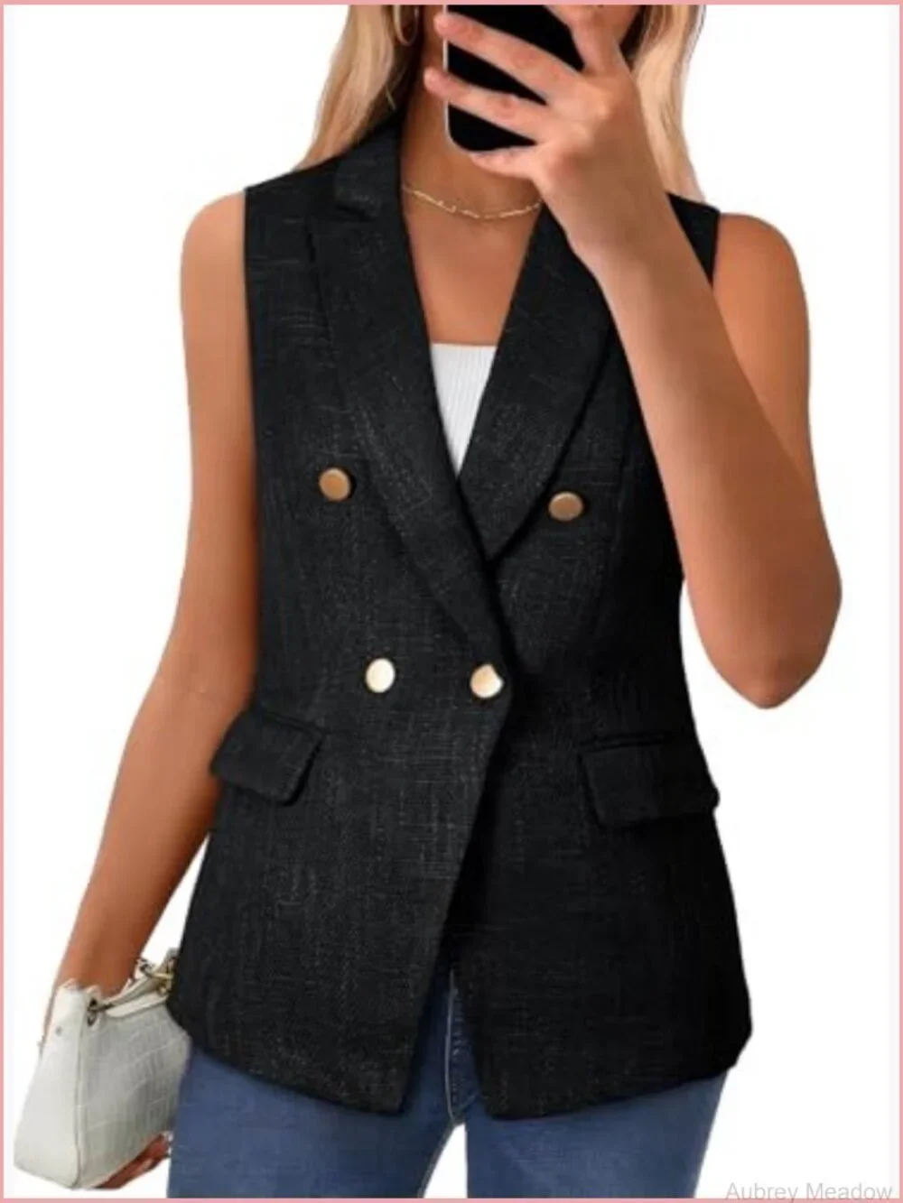 Sleeveless Tweed Blazer Vest Double Breasted Work Suit Jacket with Pockets